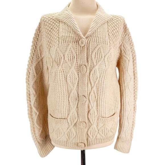 VTG Handmade Knit Cardigan Womens S Cream Fishermans Sweater Boho Cntry Cottage - Picture 1 of 8